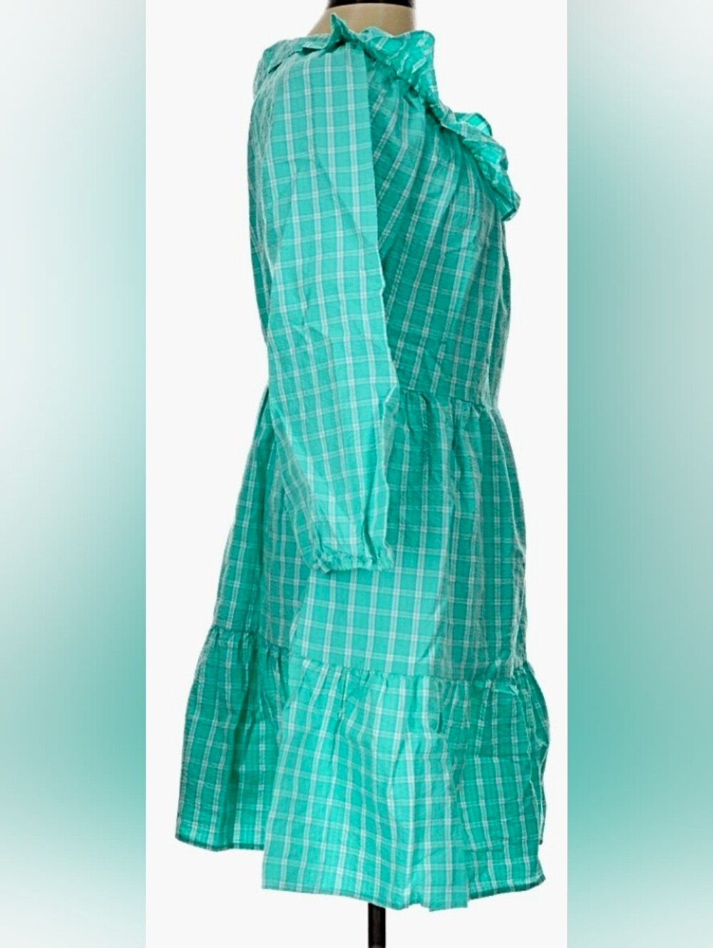 J. CREW 🩵 SEERSUCKER PLAID MIDI DRESS 🩵 Cotton 🎀 Ruffle Detail 🍭 sz 12 😎NWT - Picture 4 of 9